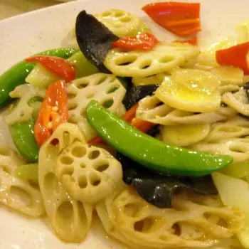 Stir Fried Assorted Vegetables Like Lotus Root, Celery, Black Fungus, Sweet Pea And Chillies