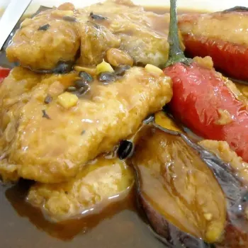 Stuffed Fish Paste Bean Curd Skin, Eggplant And Red Chillies