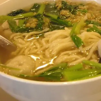 Hand pulled noodle soup complemented with Foo Chow Fish Ball