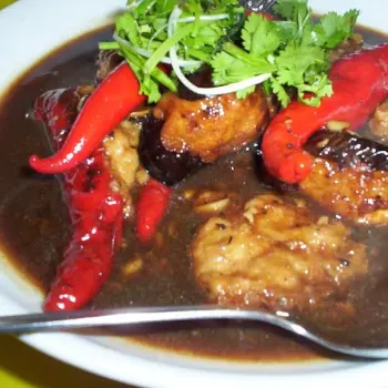 Stuffed Pork And Fish Paste Chillies, Tau Pok And Egg Plant