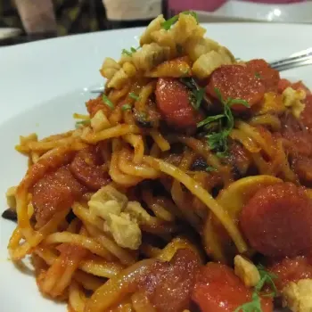 Pasta - Tomato Based Spaghetti Fried With Taiwanese Sausages, Pork Bacon, Sliced Mushrooms & Pork Croutons