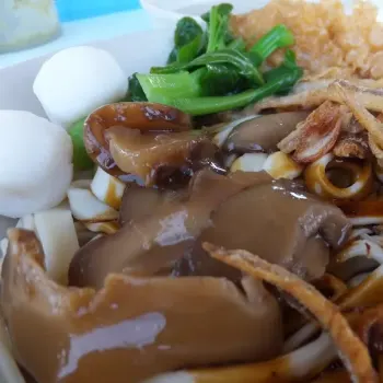 Broad Pan Mee topped with anchovies, sliced mushroom, fried shallot and a bowl of soup with two fish balls, bean curb sheet and veggie