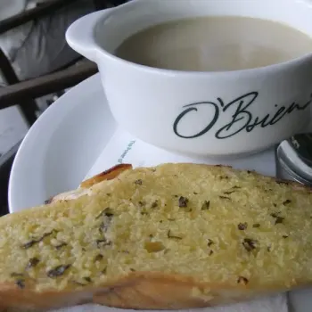Soup of the day - chicken soup with a slice of garlic bread.