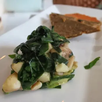 Living Vege Layer Loaf, spinach, mushroom and avocado paste lovingly layered served with flax crackers and rosemary bread