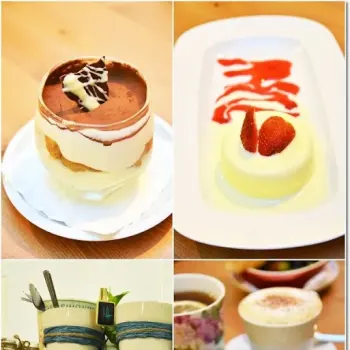 Desserts of Tiramisu and Panna Cotta with Straa cup of Rose Tea Latte  or Lavazza coffee.