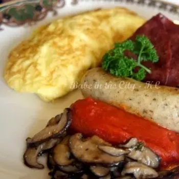 Omelette with the additional accompaniments from Two Eggs Any Style. The omelette has aged brie, smoked salmon and chives.