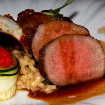 Australian Grain Fed Lamb served with wild mushroom risotto and Ratatouille