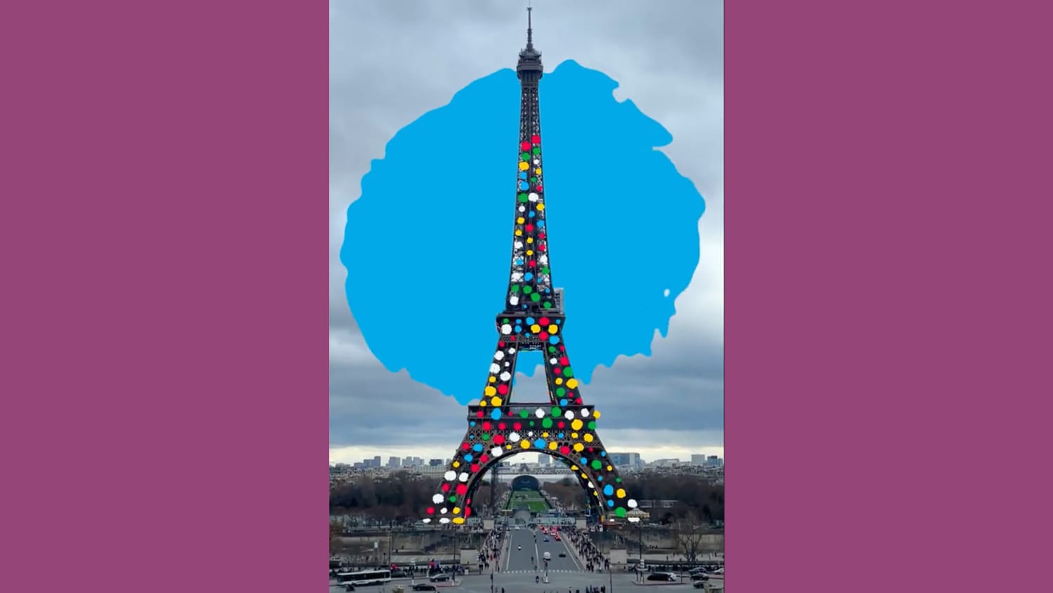 An image of the Eiffel Tower with a blue animated circle behind it and yellow, green, and red dots covering it through a digital filter.