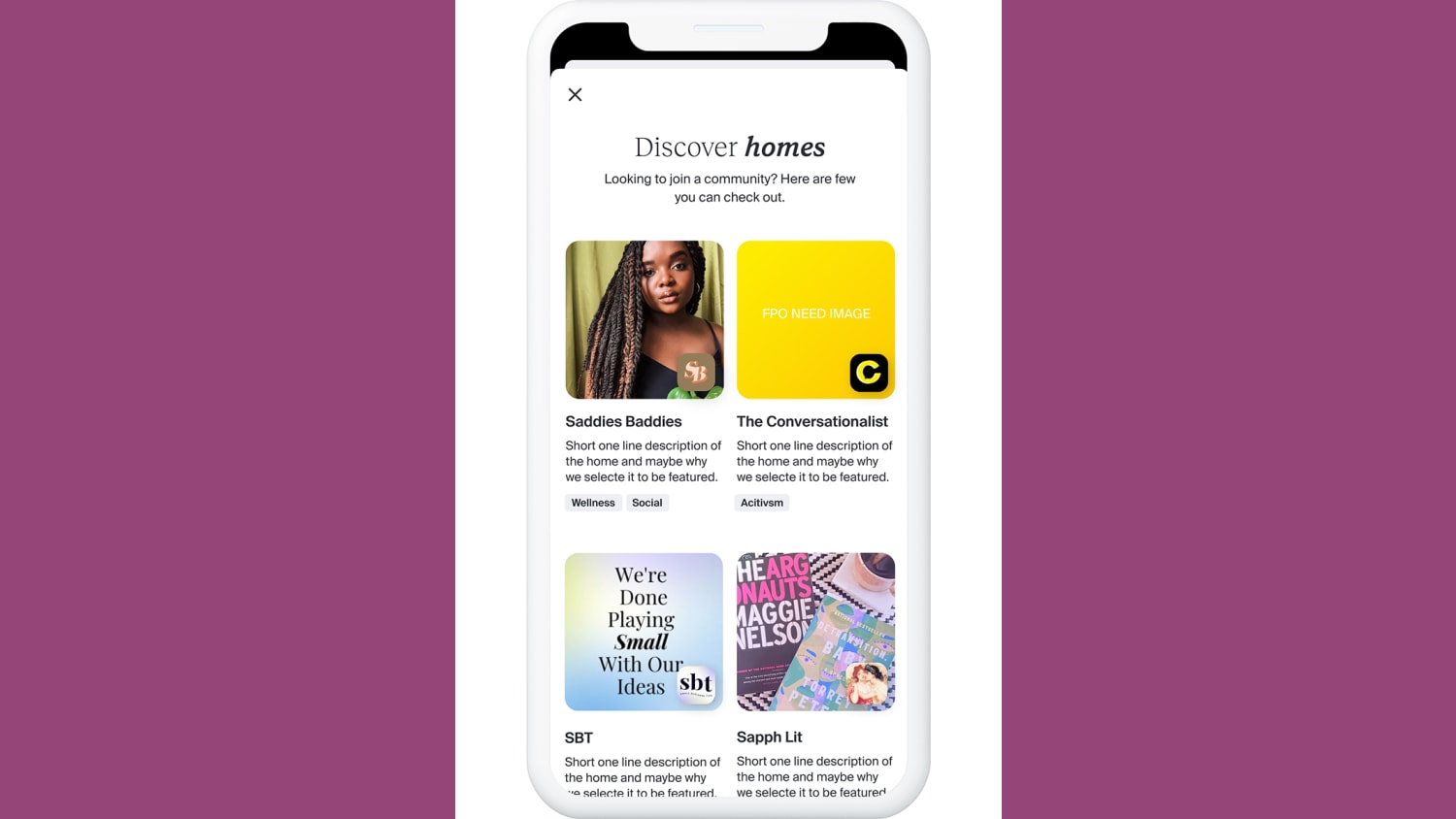 A screenshot of a smart phone screen with text that reads: Discover homes. Looking to join a community? Here are a few you can check out.