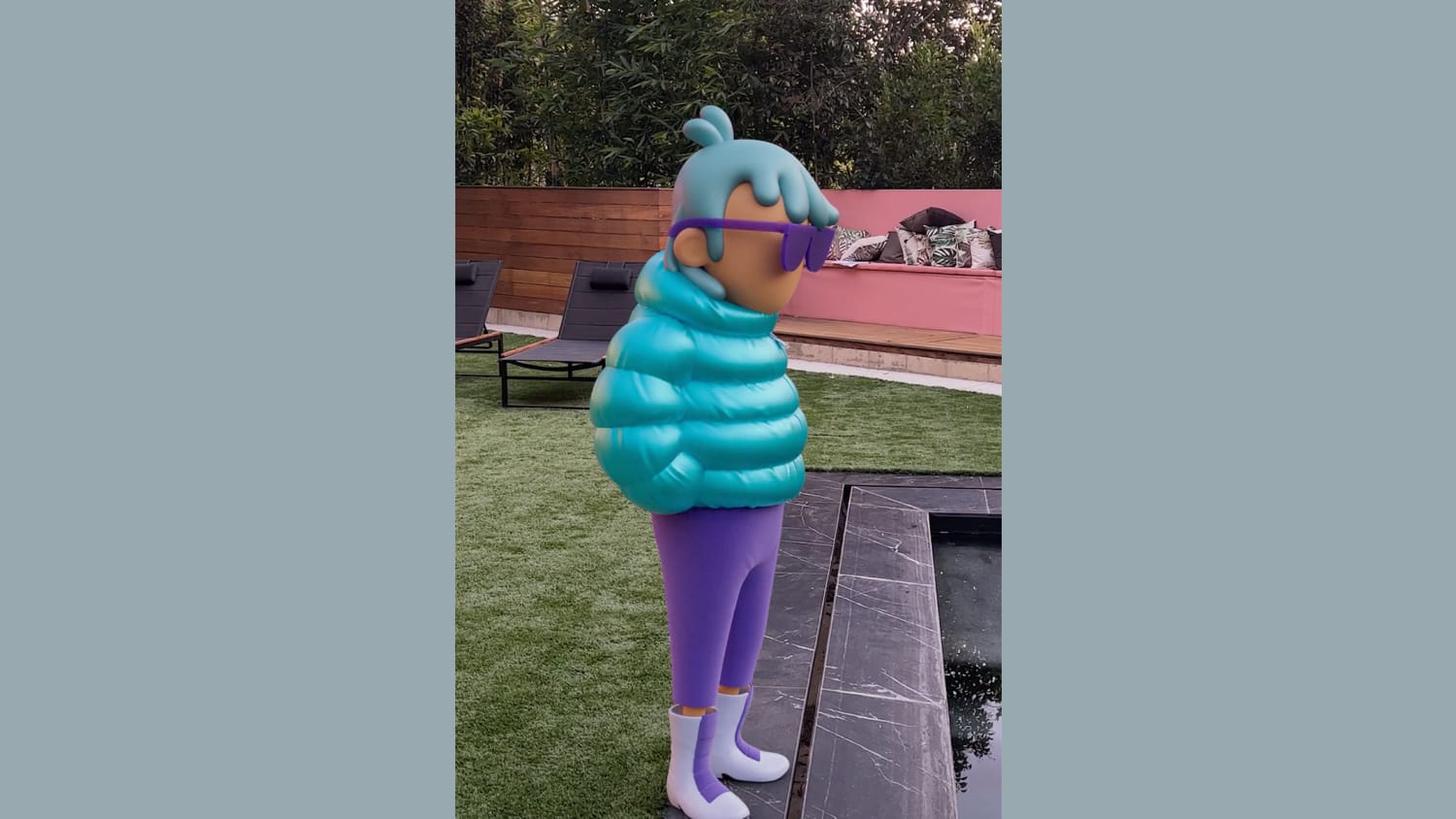 An augmented-reality character resembling a human-like figure with blue hair and purple tinted glasses wearing a blue puffer jacket, purple pants and purple boots standing next to a pool.