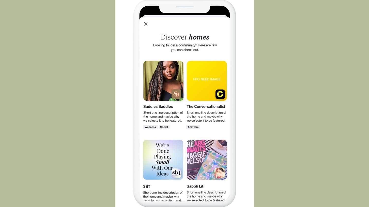 A screenshot of a smart phone screen with text that reads: Discover homes. Looking to join a community? Here are a few you can check out.
