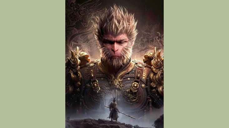 Cover of the video game Black Myth Wukong featuring the head and shoulders of a monkey-like man in warrior's armour.