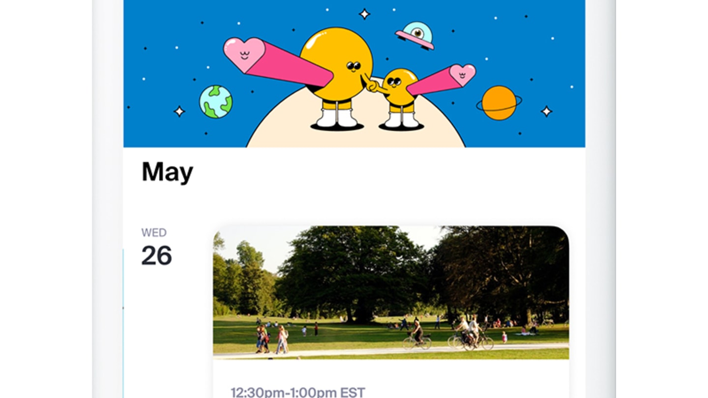 A screenshot of a smart phone screen with text that reads: April, Audio room, May - Wed 26