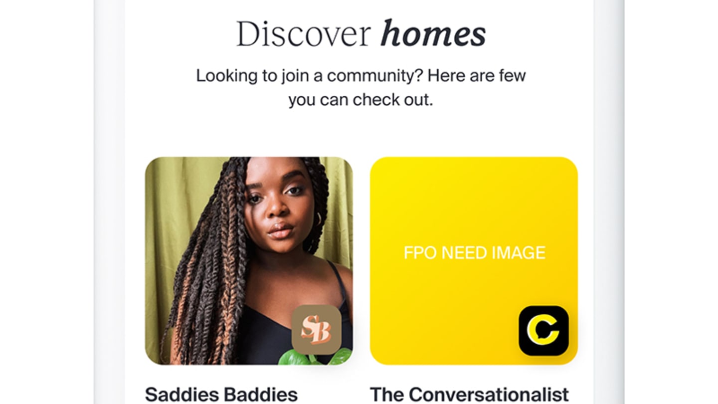 A screenshot of a smart phone screen with text that reads: Discover homes. Looking to join a community? Here are a few you can check out.