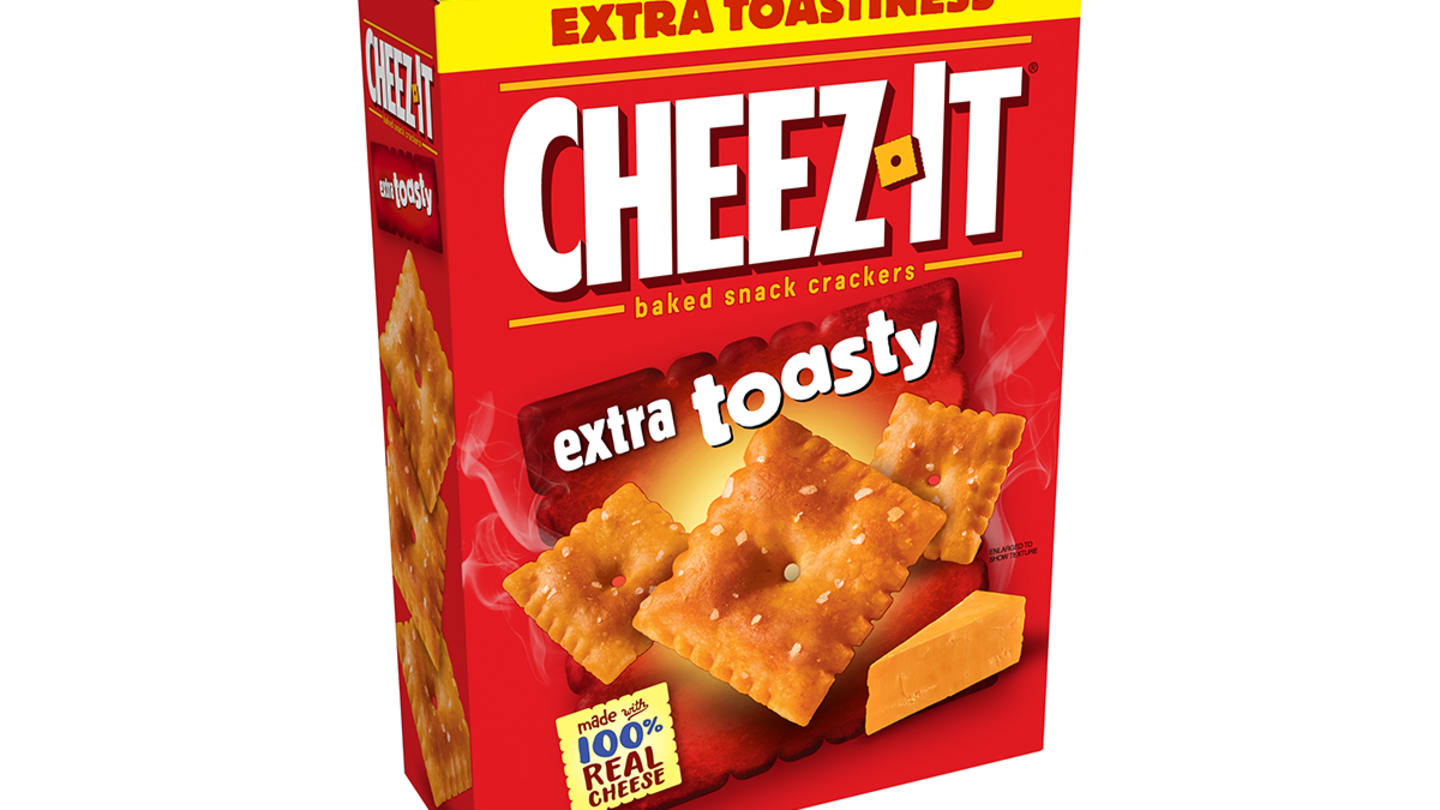A red box with images of square orange crackers that reads: Cheez-It