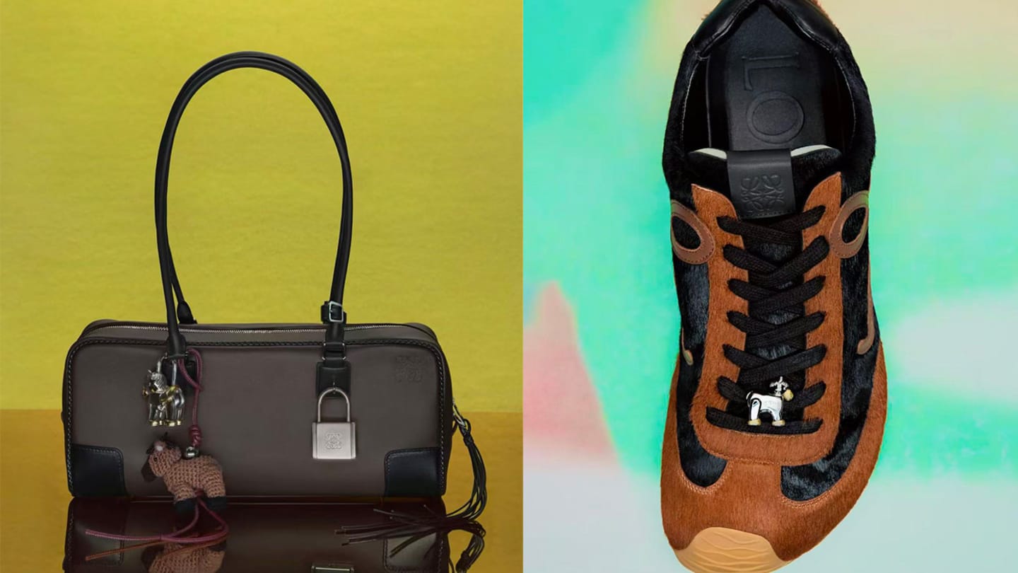 Side-by-side product photo of a brown Loewe handbag and a black-and-tan Loewe sneaker on colorful backgrounds for their Year of the Horse collection.