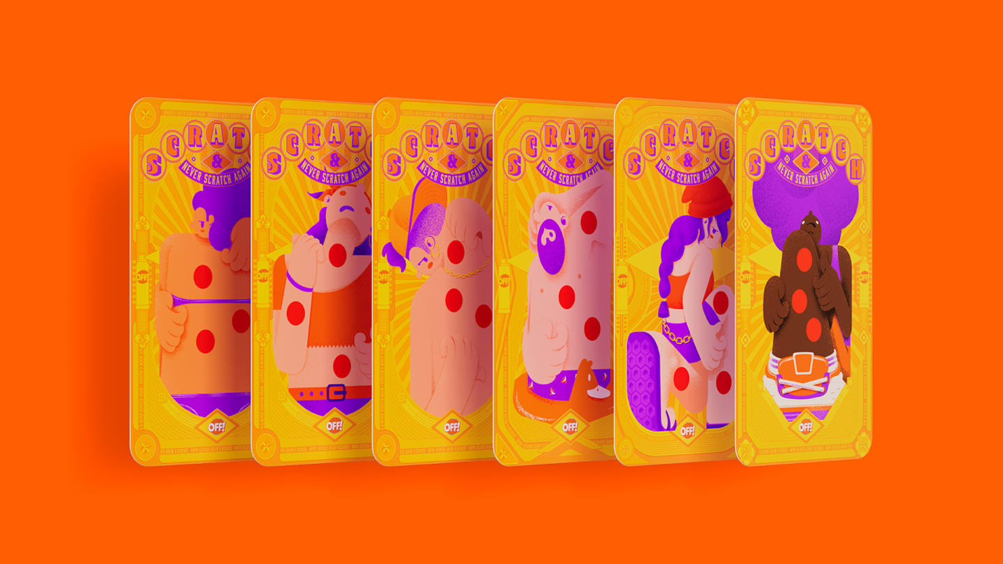 A vibrant image featuring multiple scratch-off cards. Each card has a golden border and colorful illustrations of playful characters with bold red dots. The text "Scratch & Try Scratch Again" is prominently displayed on the cards in purple and yellow lettering.