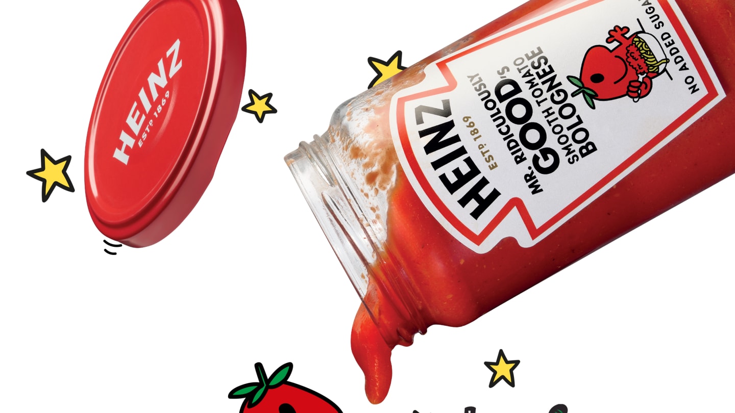 Graphic where tomato sauce is poured onto a plate of pasta held by Mr. Ridiculously Good, under the headline 'A Smooth Plot Twist'.