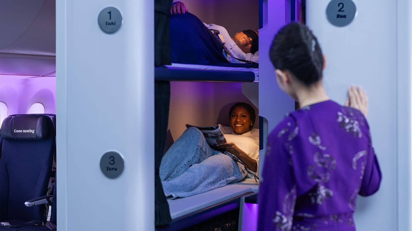 Air New Zealand offers Skynest, bunk-bed style sleeping pods available to economy passengers for bookable four-hour sessions. Courtesy of Air New Zealand
