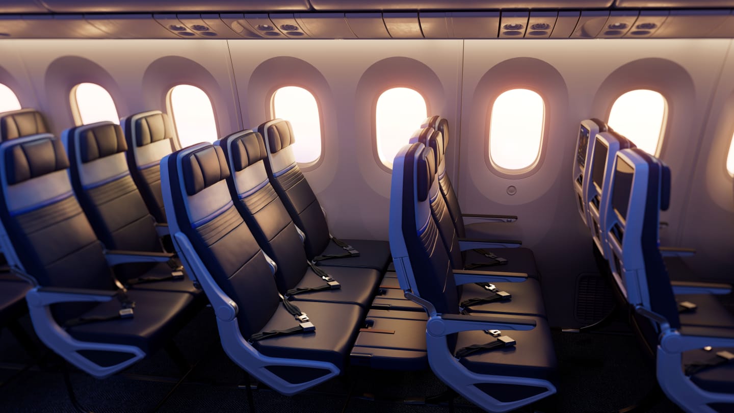 United Airlines’ Relax Row transforms a standard row of three economy seats into a couch-like sleeping space. Courtesy of United Airlines