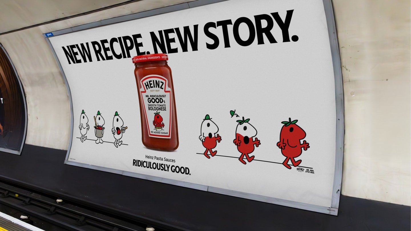 Outdoor billboard showing the evolution from Mr. Good to Mr. Ridiculously Good, turning tomato-red, with the text 'New Recipe, New Story'.