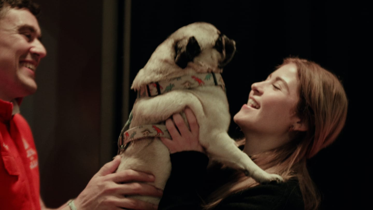 A girl taking her dog from the space, smiling