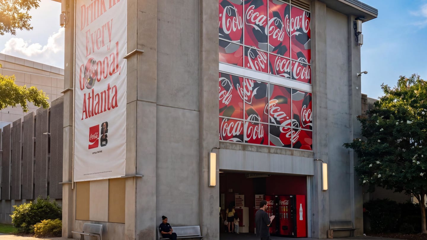 Coca-Cola ad wrapping two sides of a building