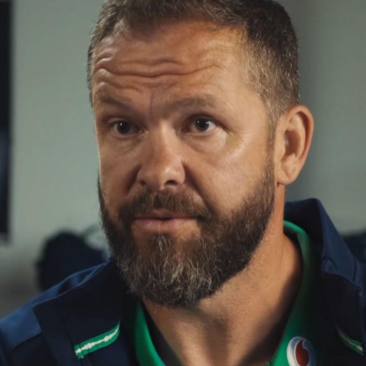 Close up shot of Andy Farrell, head coach of the Irish rugby team