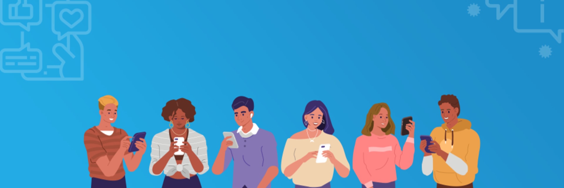 silhouettes of people holding mobile phones on blue background