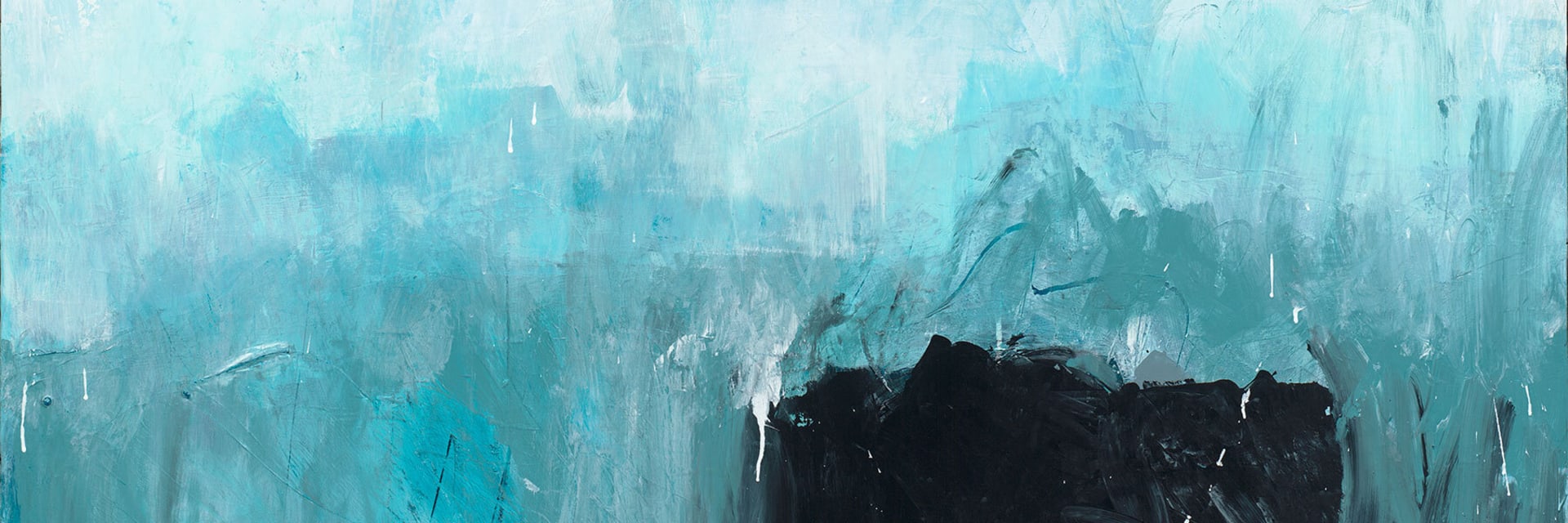 Abstract art consisting of block strokes of light sky blue and white. Colors darken closer to the bottom of the page. There’s a medium black block in the bottom right-hand corner.