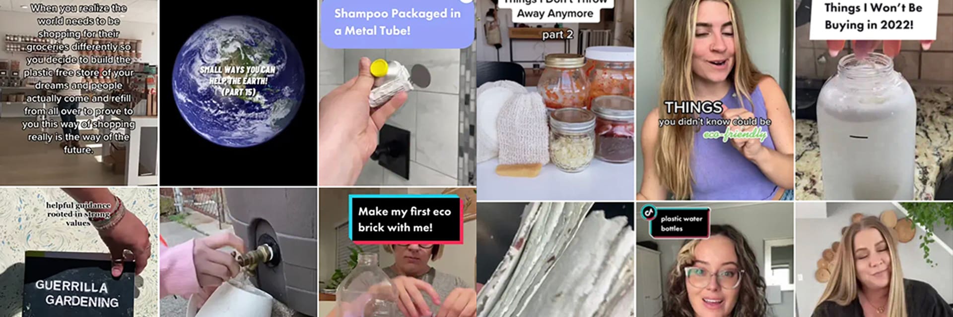 A screenshot of TikTok’s #ecotok feed displaying paused video clips from various users. Samples of text, left to right: “When you realize the world needs to be shopping for their groceries differently; Small ways you can help the Earth! [Part 15]..."