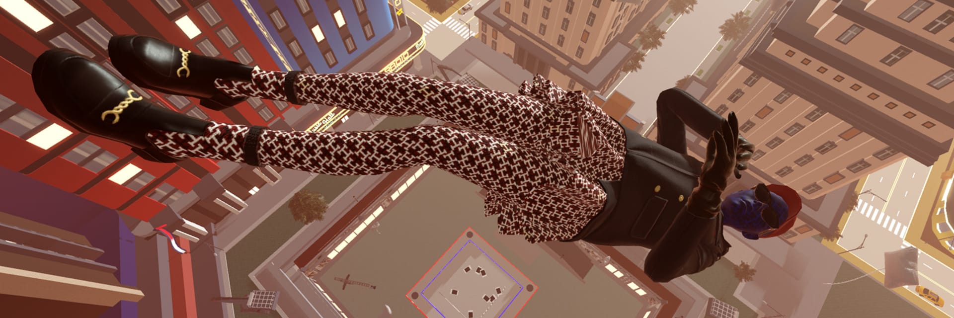 Model floating mid-air above city buildings, sideways, on a virtual runway. Digital model wears boots and Tommy Hilfiger "H" patterned brown pants, a jacket, has purple skin with sunglasses and a rust-colored hat.