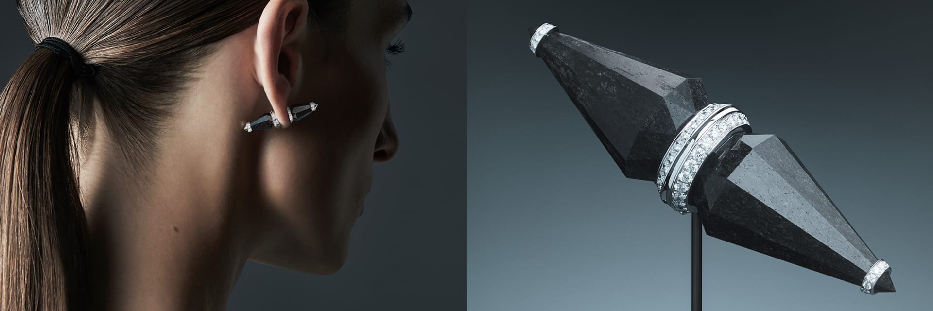 Left: a woman with a brunette ponytail faces away from the screen and wears a black earring pointed in front and behind her ear with diamonds circling its center. Right: a close up of a black piece of jewelry pointed on both ends, with diamonds at center.