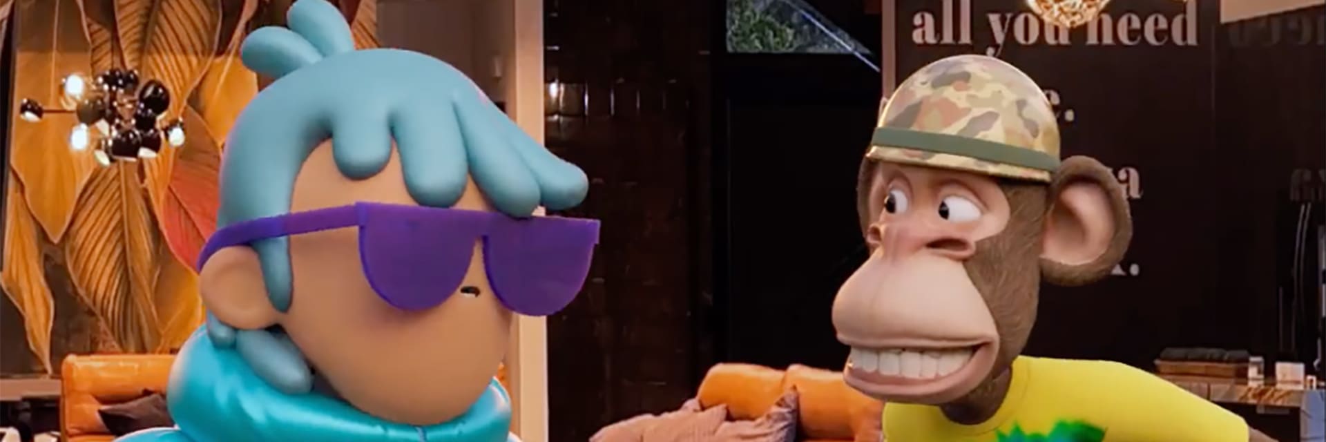 Two augmented reality characters interacting. On the left, a human-like figure with blue hair and purple tinted glasses wearing a blue puffer jacket. On the right, a monkey wearing an army-printed helmet and a tie-dye T-shirt, smiling.
