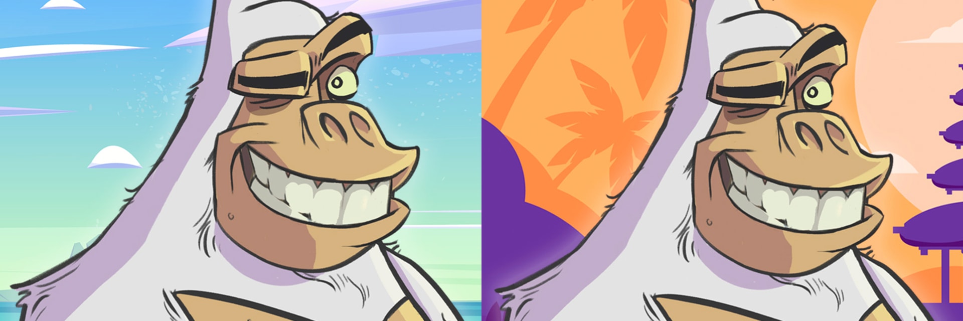 Two images of cartoon apes. Left: ape with white fur winks at camera, visible from its chest up, in front of a blue-green beach skyline. Right: ape with white fur winks at camera, visible from its chest up, in front of an orange and purple backdrop.