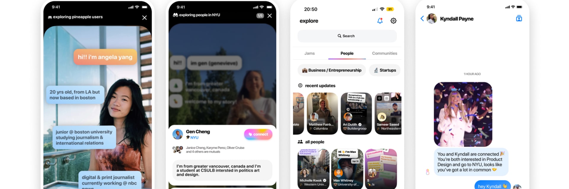 Four mobile app screens: a user profile page with an image and chat bubbles of information about that user, an expanded version of a user profile, an explore page with a search function and icons of other users, a chat connection page.