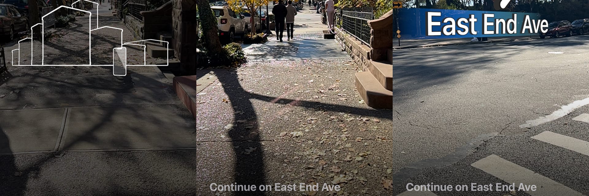 Three screenshots of a mobile phone using the Google Maps AR feature. Text: Scan building across street; Look this way; Continue on East End Ave, In 600 ft, The Chapin School; East End Ave, Continue on East End Ave, In 500 ft, The Chapin School