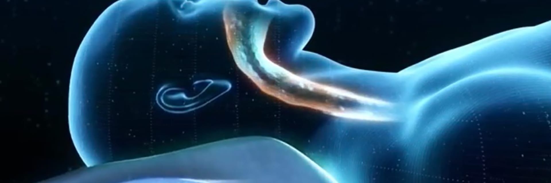 A digital image of a person sleeping. Their airway is lit up with a yellow hue to indicate it is open.