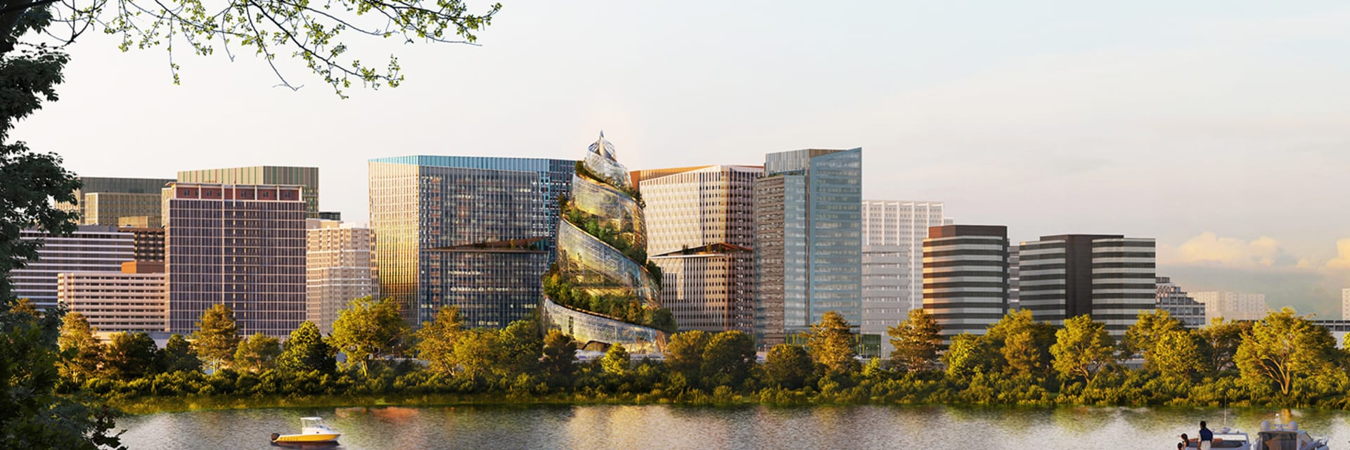 A tree-lined city skyline across a river with several tall buildings and a tall, pointed, spiraling building in the center of the screen.