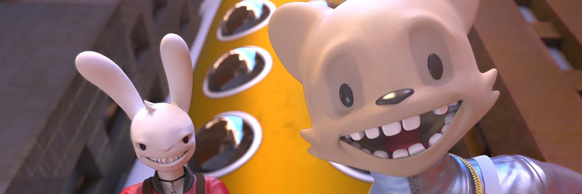 Two animated beings. Left: a bunny smiling menacingly sits, wearing a red jacket with tattoos on his hands. Right, a bear-like animal smiles towards viewer with hands outstretched, wearing a blue collared shirt and a gold necklace.