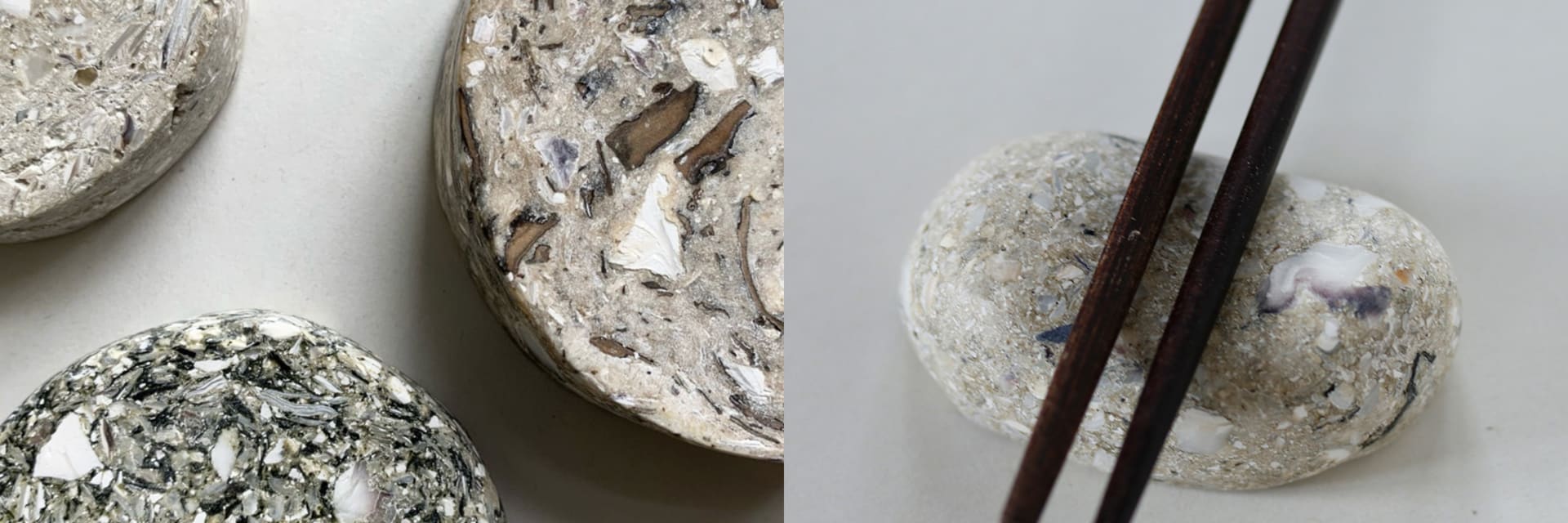 Two images spliced together. Left: Three gray, circular stone stools are photographed from above. Right: a gray, pebble-shaped stone holds two chopsticks.