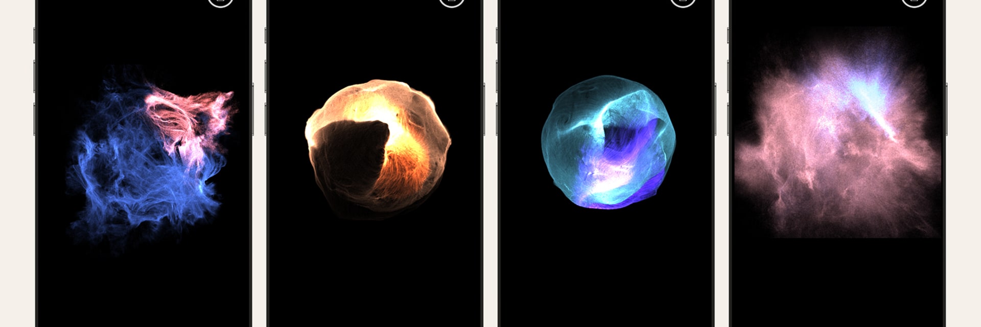 Four smart phone screens side by side with black backgrounds and different colored orbs in each.