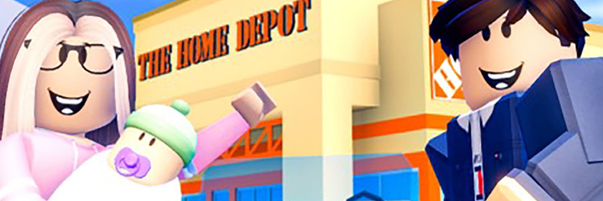 An avatar with long blonde and brown hair, light skin and glasses smiles holding a baby avatar, standing next to an avatar with short dark hair and light skin. They stand in front of a virtual Home Depot building.