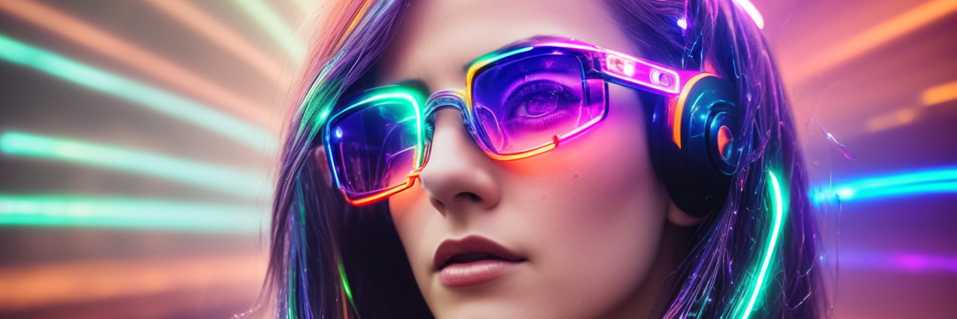 05661 2634204693 portrait photo of a woman wearing futuristic led light glowing glasses surrounded by vibrant abstract swirling streaks of light 1