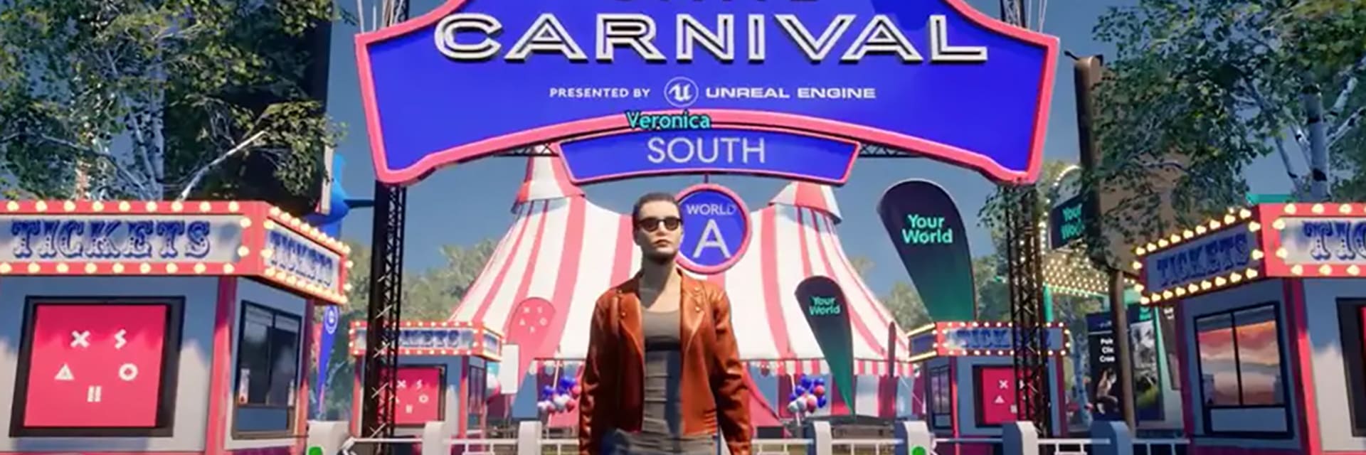 A digitally rendered person wearing sunglasses stands beneath a sign that reads: Game Carnival presented by Unreal Engine, South, World A