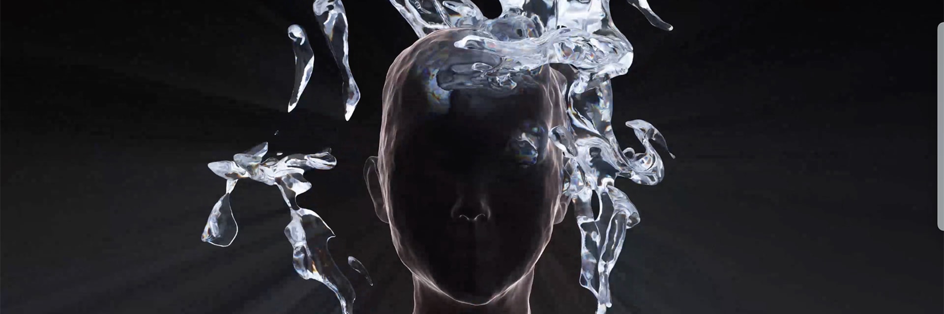 A black, faceless profile of a person from the shoulders up, outlined by silver and white fluid lines. Silver and white fluid bubbles float up from the figure's left side above the head.