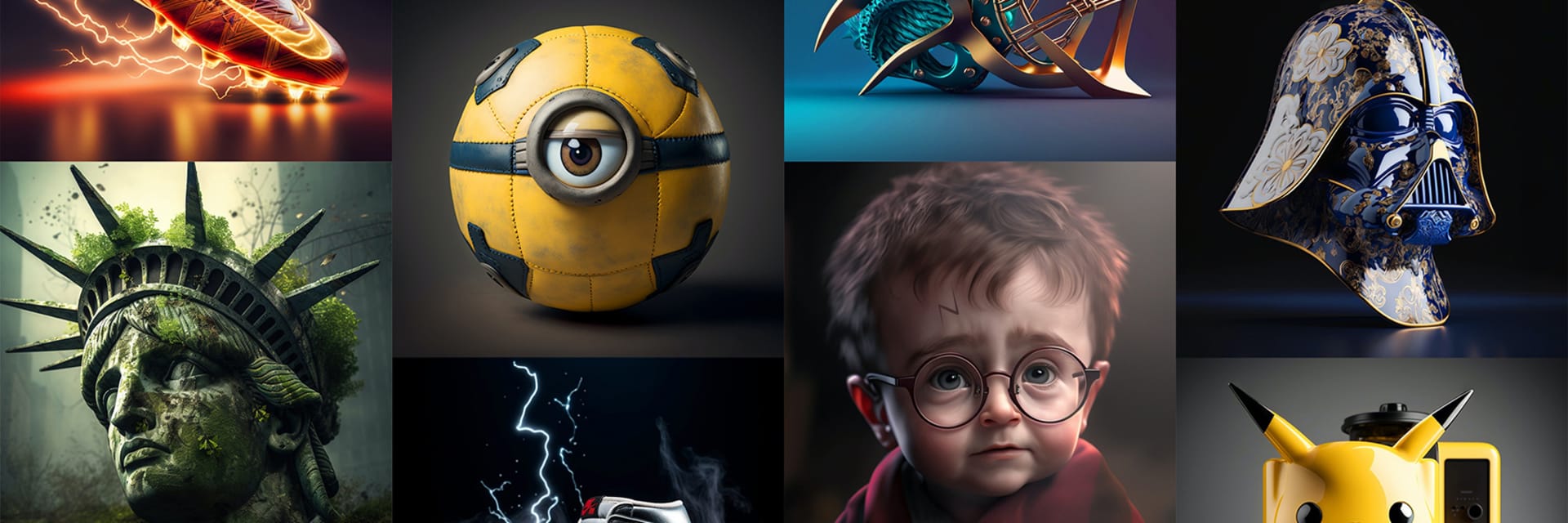 A collage of AI generated images. The images include: the Statue of Liberty overcome with greenery, a yellow football with a Minion eye, a red and silver Nike trainer surrounded by lightening, a young Harry Potter, a Darth Vader mask made of porcelain....
