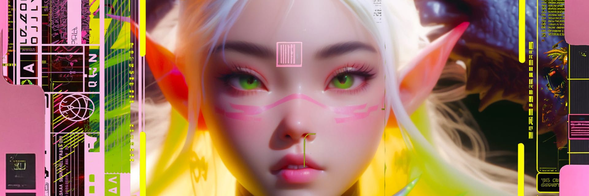 A digital avatar with light skin, white long hair, and green eyes has pointed ears and looks directly into the camera in front of a pink tech-inspired background.