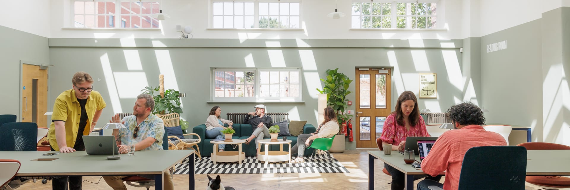 An airy light filled workspace with four people working at desk spaces A black and white dog sits beside a desk In the background more people are chatting on sofas