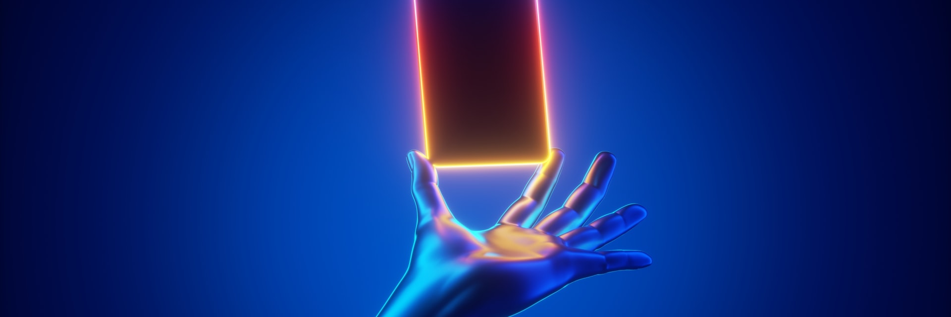 AI hand holding a phone with a blue background